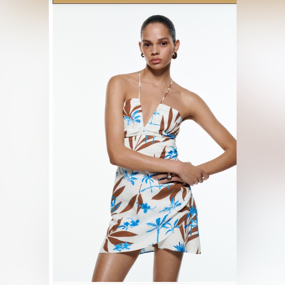 NWOT ZARA tropical printed linen blend mini dress size medium